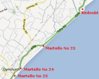 Locations of Martello Towers and Redoubt still standing